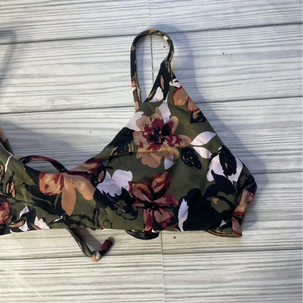RVCA Floral Olive Green Scoop Bikini Top medium